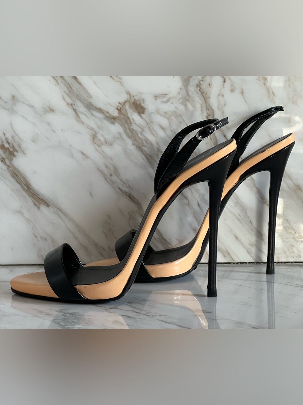 Giuseppe Zanotti Slingback Black Nude Beige Peach Patent Leather Stiletto EU38.5